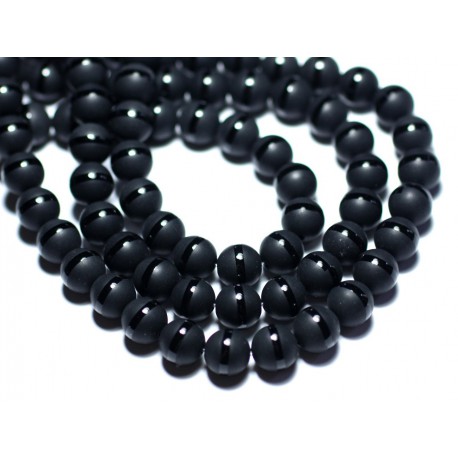 5pc - Perles de Pierre - Onyx Noir mat sablé givré Ligne Boules 8mm - 8741140007918 