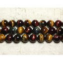 Fil 39cm 37pc env - Perles Pierre - Oeil Tigre Taureau Faucon Boules 10mm marron rouge bleu