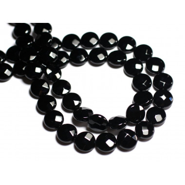 Fil 39cm 37pc env - Perles de Pierre - Onyx noir Palets Facettés 10mm
