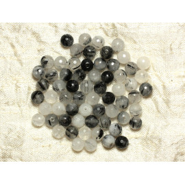 Fil 39cm 60pc environ - Perles Pierre - Cristal de Roche Quartz Tourmaline Boules Facettées 6mm Blanc gris noir