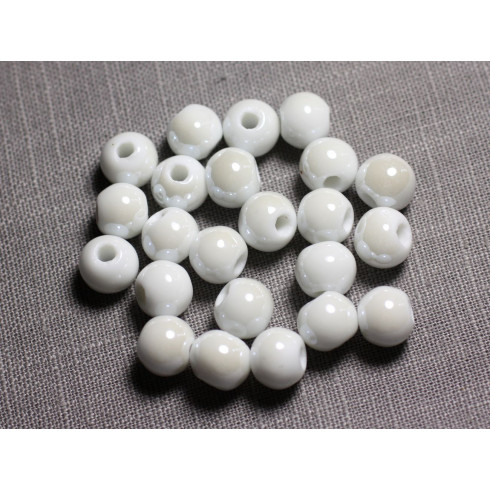 50pc - Perles Céramique Porcelaine Boules 14mm Blanc irisé