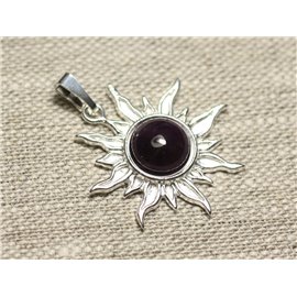 Pendentif Argent 925 et Pierre - Soleil 28mm - Améthyste rond 10mm  Pendentif Argent 925 et Pierre - Soleil 28mm - Améthyste rond 10mm