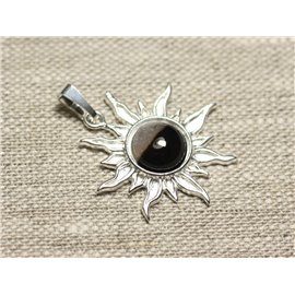 Pendant Silver 925 and Stone - Sun 28mm - Black and white agate round 10mm 