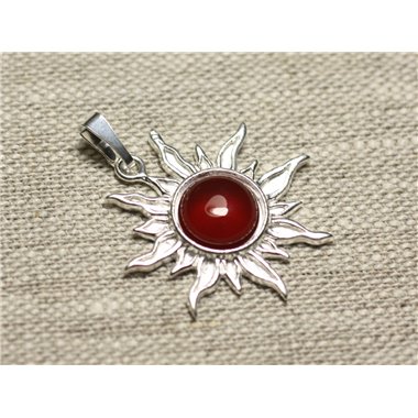 Pendentif Argent 925 et Pierre - Soleil 28mm - Cornaline rond 10mm 