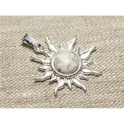 Pendentif Argent 925 et Pierre - Soleil 28mm - Howlite rond 10mm 