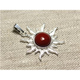 Pendentif Argent 925 et Pierre - Soleil 28mm - Jaspe Rouge rond 10mm 