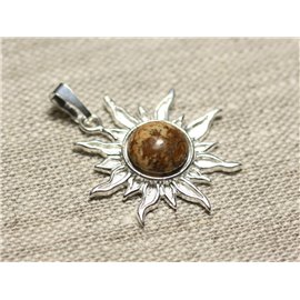 Pendentif Argent 925 et Pierre - Soleil 28mm - Jaspe Paysage Beige rond 10mm  Pendentif Argent 925 et Pierre - Soleil 28mm - Jaspe Paysage Beige rond 10mm