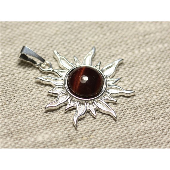 Pendentif Argent 925 et Pierre - Soleil 28mm - Oeil de Taureau Tigre Rouge rond 10mm 