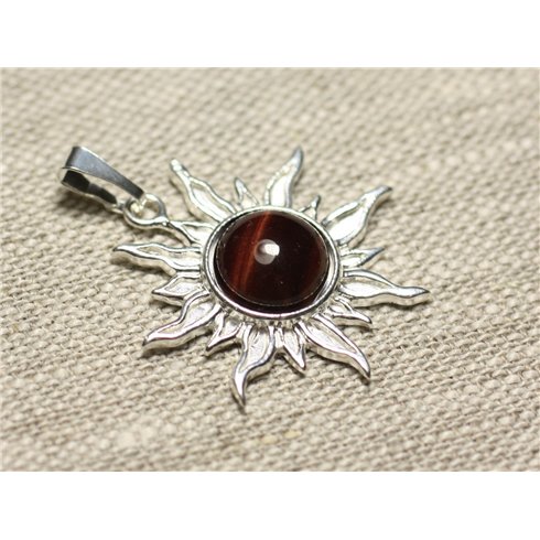 Pendentif Argent 925 et Pierre - Soleil 28mm - Oeil de Taureau Tigre Rouge rond 10mm