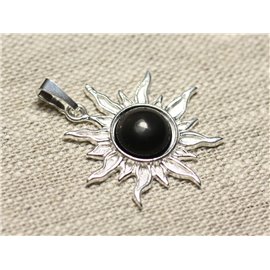 Pendant Silver 925 and Stone - Sun 28mm - Black Obsidian Round Rainbow 10mm 