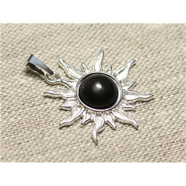 Pendentif Argent 925 et Pierre - Soleil 28mm - Obsidienne noire arc en ciel rond 10mm 