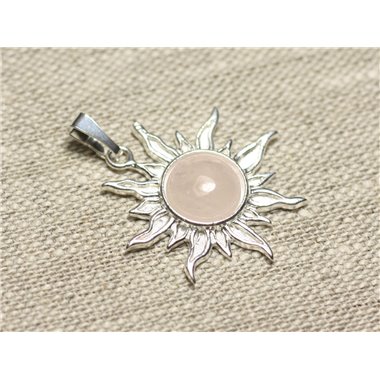 Pendentif Argent 925 et Pierre - Soleil 28mm - Quartz Rose rond 10mm 