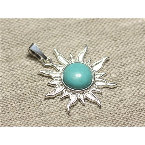 Pendentif Argent 925 et Pierre - Soleil 28mm - Magnésite Bleu Turquoise rond 10mm