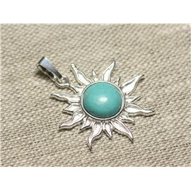 Pendentif Argent 925 et Pierre - Soleil 28mm - Magnésite Bleu Turquoise rond 10mm  Pendentif Argent 925 et Pierre - Soleil 28mm - Magnésite Bleu Turquoise rond 10mm