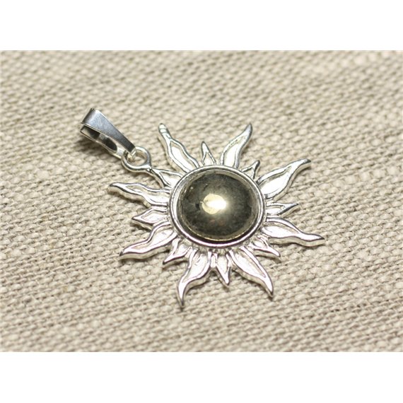 Pendentif Argent 925 et Pierre - Soleil 28mm - Pyrite dorée rond 10mm 