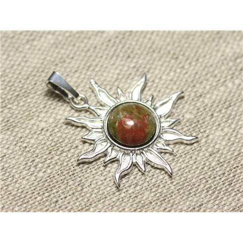 Pendentif Argent 925 et Pierre - Soleil 28mm - Unakite rond 10mm 