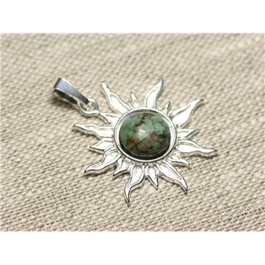 Pendentif Argent 925 et Pierre - Soleil 28mm - Turquoise Afrique rond 10mm 