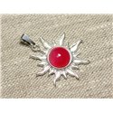 Pendentif Argent 925 et Pierre - Soleil 28mm - Agate rose fluo rond 10mm 