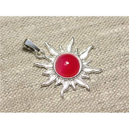 Pendentif Argent 925 et Pierre - Soleil 28mm - Agate rose fluo rond 10mm Pendentif Argent 925 et Pierre - Soleil 28mm - Agate rose fluo rond 10mm