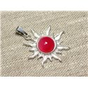 Pendentif Argent 925 et Pierre - Soleil 28mm - Agate rose fluo rond 10mm 