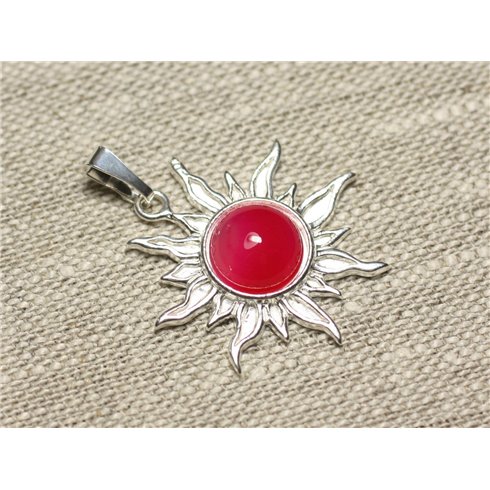Pendentif Argent 925 et Pierre - Soleil 28mm - Agate rose fluo rond 10mm