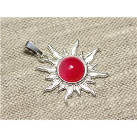 Pendentif Argent 925 et Pierre - Soleil 28mm - Agate rose fluo rond 10mm  Pendentif Argent 925 et Pierre - Soleil 28mm - Agate rose fluo rond 10mm
