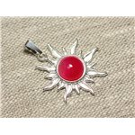 Pendentif Argent 925 et Pierre - Soleil 28mm - Agate rose fluo rond 10mm 