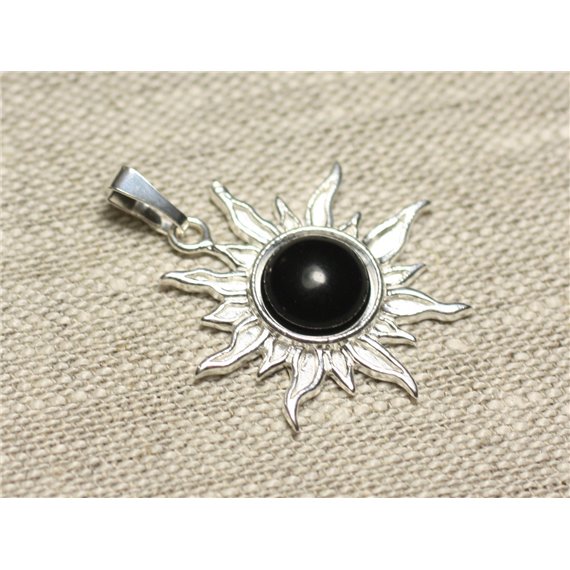 Pendentif Argent 925 et Pierre - Soleil 28mm - Obsidienne Noire rond 10mm 