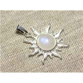Pendentif Argent 925 et Pierre - Soleil 28mm - Pierre de Lune arc en ciel rond 10mm  Pendentif Argent 925 et Pierre - Soleil 28mm - Pierre de Lune arc en ciel rond 10mm