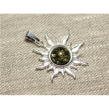 Pendentif Argent 925 et Pierre - Soleil 28mm - Ambre verte rond 10mm 