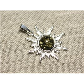 Pendant Silver 925 and Stone - Sun 28mm - Green amber round 10mm 