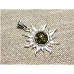 Pendentif Argent 925 et Pierre - Soleil 28mm - Ambre verte rond 10mm 