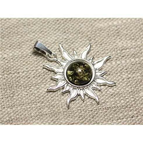 Pendentif Argent 925 et Pierre - Soleil 28mm - Ambre verte rond 10mm