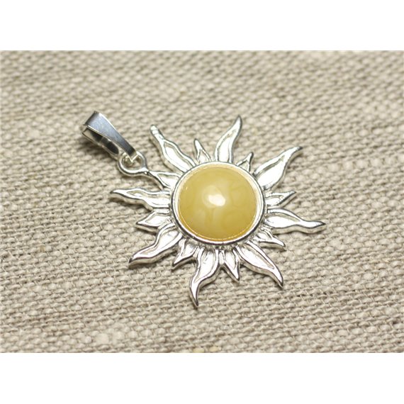 Pendentif Argent 925 et Pierre - Soleil 28mm - Ambre Jaune clair rond 10mm 