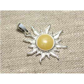 Pendentif Argent 925 et Pierre - Soleil 28mm - Ambre Jaune clair rond 10mm  Pendentif Argent 925 et Pierre - Soleil 28mm - Ambre Jaune clair rond 10mm