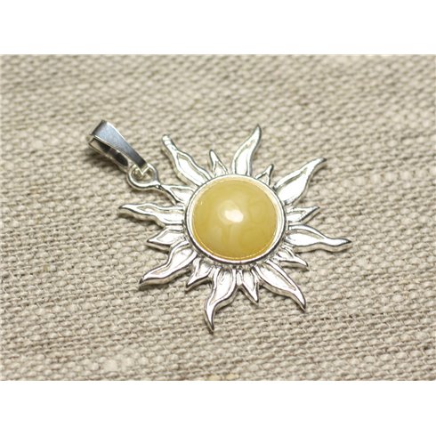 Pendentif Argent 925 et Pierre - Soleil 28mm - Ambre Jaune clair rond 10mm