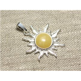 Pendentif Argent 925 et Pierre - Soleil 28mm - Ambre Jaune clair rond 10mm  Pendentif Argent 925 et Pierre - Soleil 28mm - Ambre Jaune clair rond 10mm