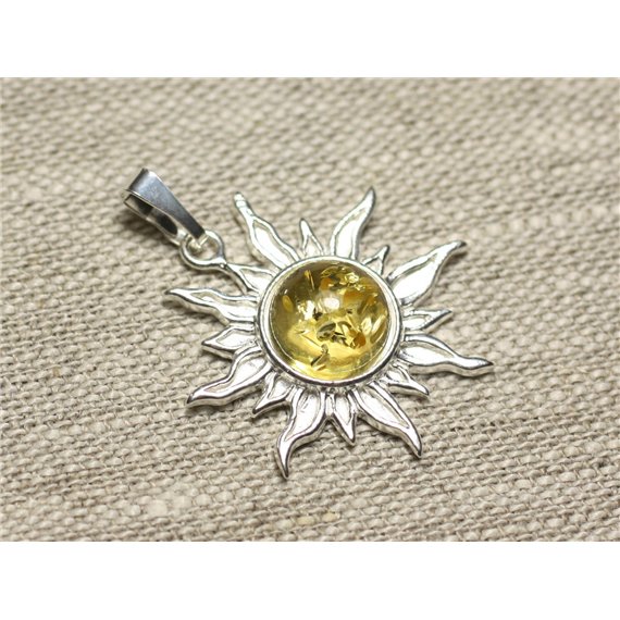 Pendentif Argent 925 et Pierre - Soleil 28mm - Ambre Jaune rond 10mm 