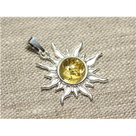 925 Zilveren Hanger en Steen - Zon 28 mm - Geel Amber rond 10 mm 