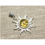 Pendentif Argent 925 et Pierre - Soleil 28mm - Ambre Jaune rond 10mm 