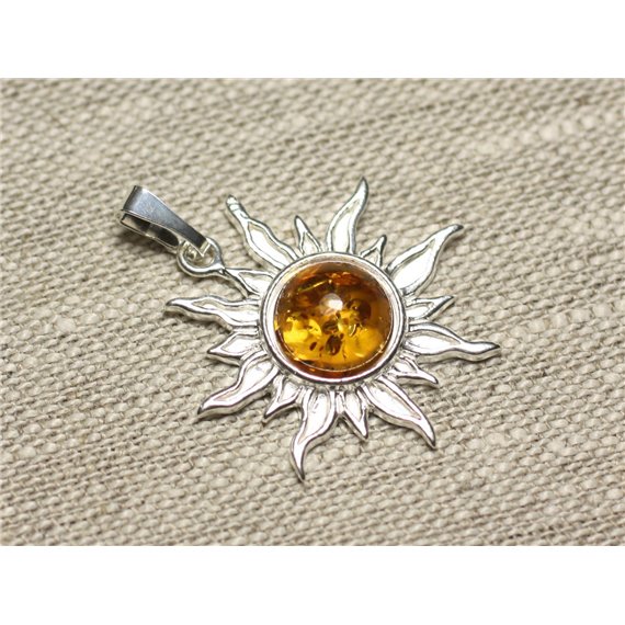 Pendentif Argent 925 et Pierre - Soleil 28mm - Ambre Orange rond 10mm 