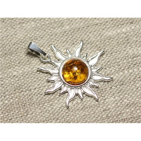Pendentif Argent 925 et Pierre - Soleil 28mm - Ambre Orange rond 10mm