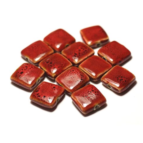 50pc - Perles Céramique Porcelaine Carrés 16-18mm Rouge tacheté - 8741140027770