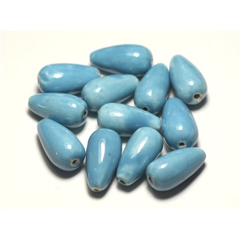 6pc - Perles Céramique Porcelaine Gouttes 21mm Bleu Ciel - 8741140017276 