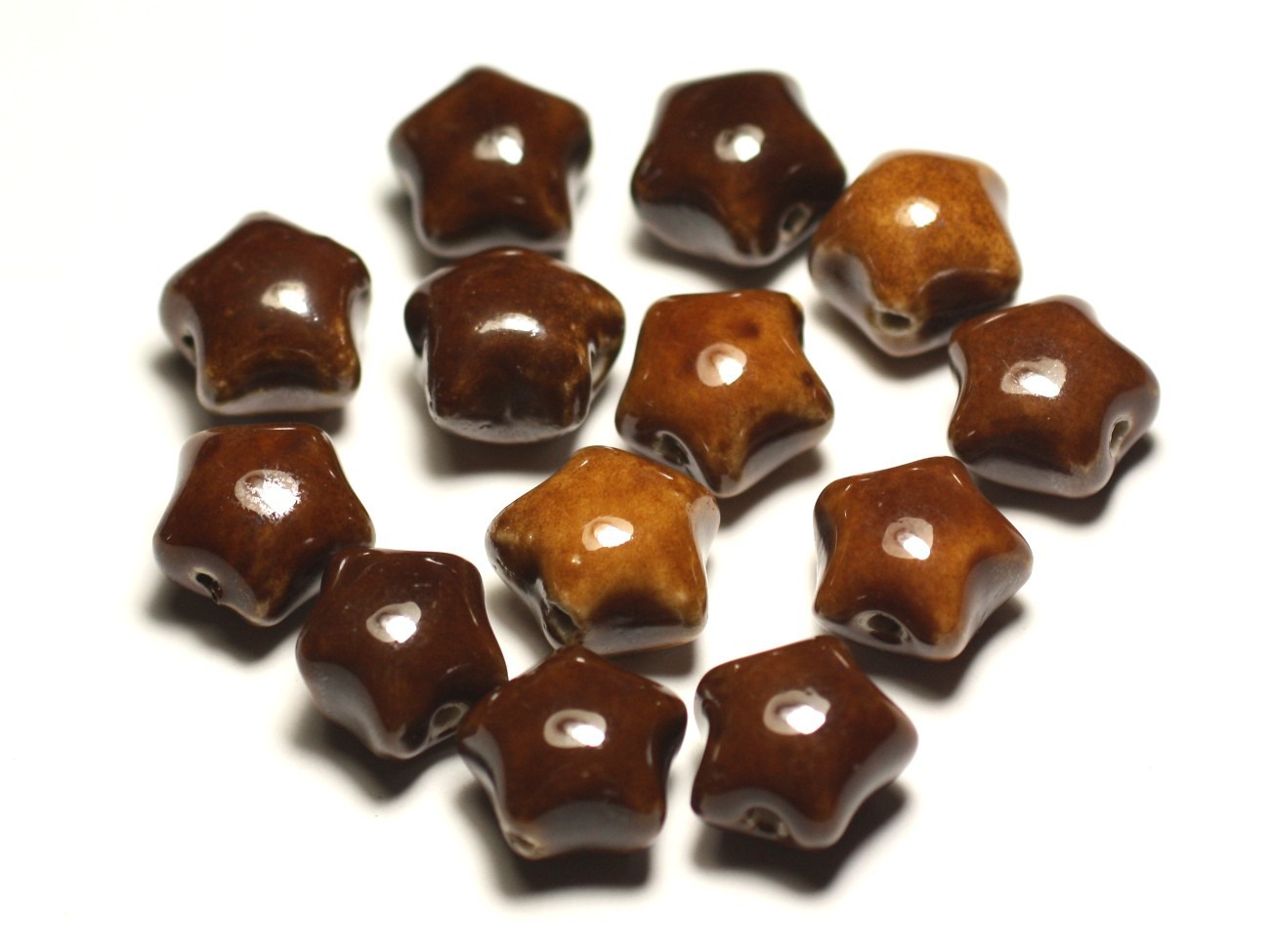 6pc - Perles Céramique Porcelaine Etoiles 16mm Marron Café Ocre - 8741140017382 