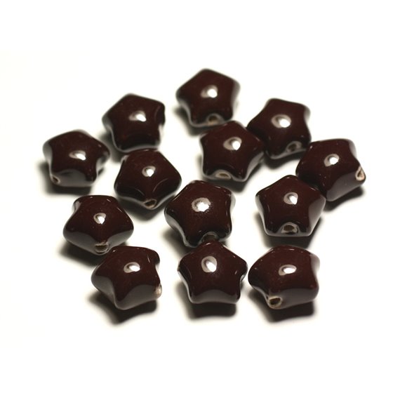 6pc - Perles Céramique Porcelaine Etoiles 16mm Marron Chocolat - 8741140017399 