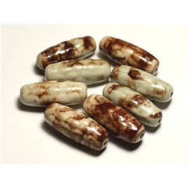 2pc - Ceramic Beads Porcelain Olives Rice Spindles 31mm White Ecru Brown - 8741140017443 