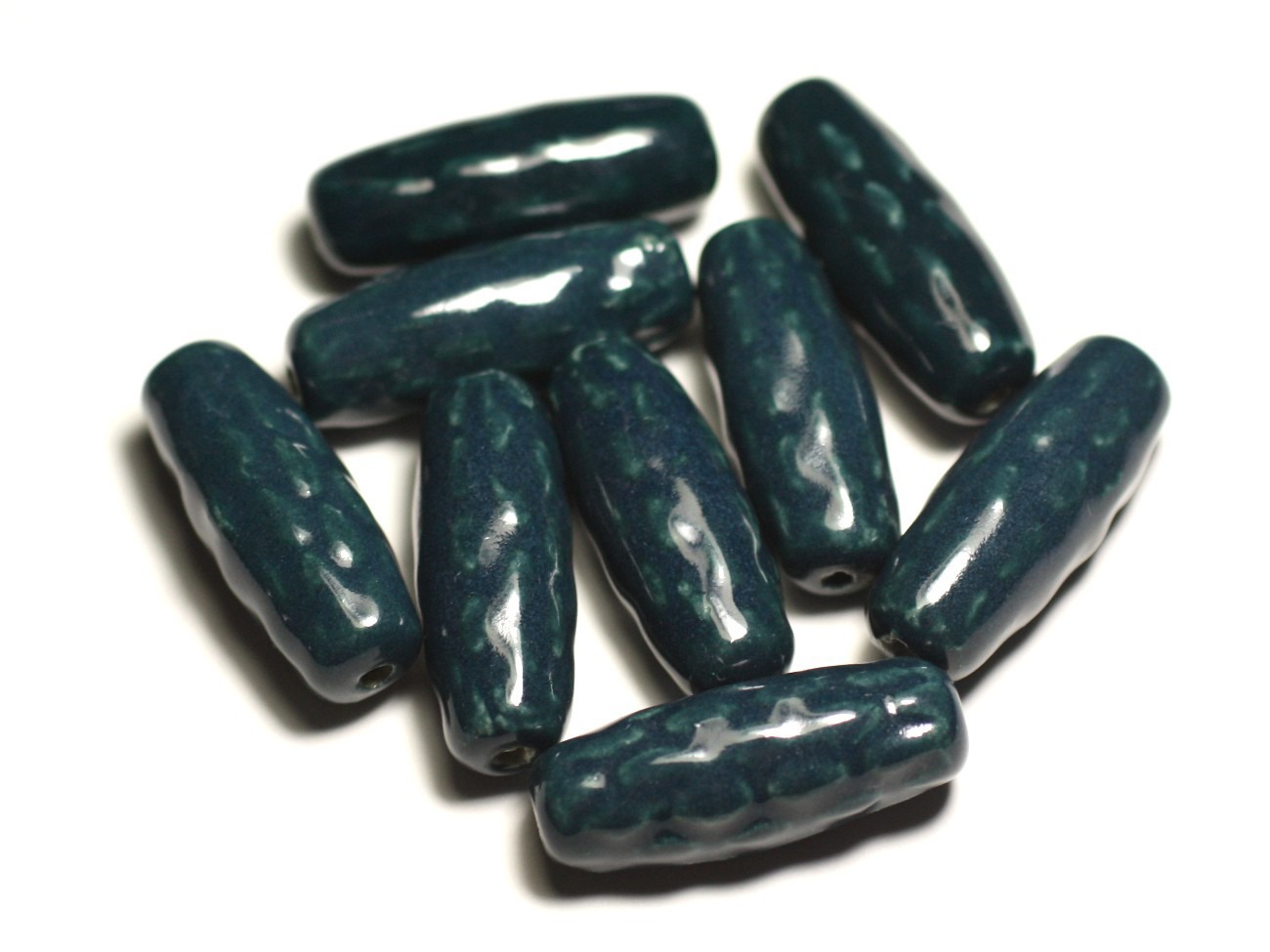 2pc - Perles Céramique Porcelaine Olives Riz Fuseaux 31mm Bleu Vert Paon Canard Pétrole - 8741140017511 