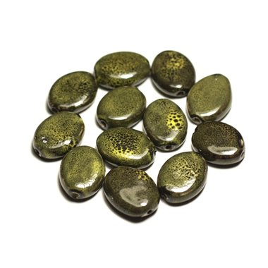 4pc - Perles Céramique Porcelaine Ovales 20-22mm Vert Olive Kaki Jaune Tacheté - 8741140017535 