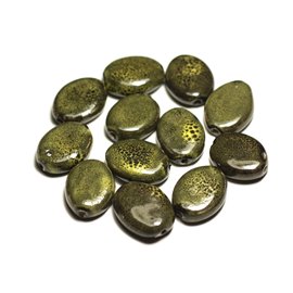 4pc - Perline in porcellana ceramica ovali 20-22 mm verde oliva cachi giallo maculato - 8741140017535 